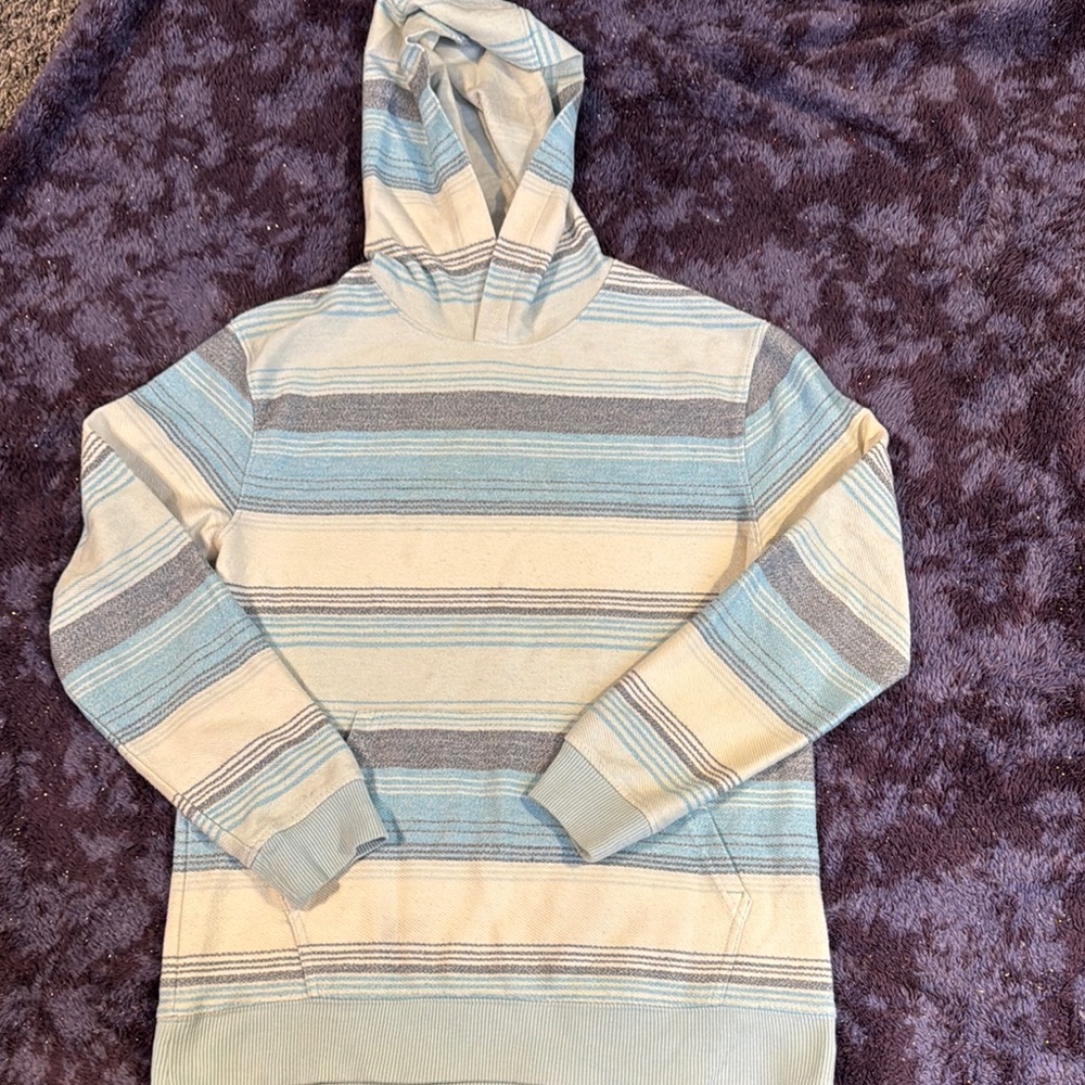 5/$25 Boys 10/12 Striped Hoodie in Blue and Cream